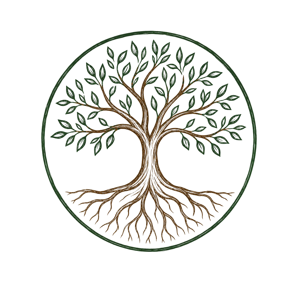 The Rooted emblem: a tree with visible roots inside a circle